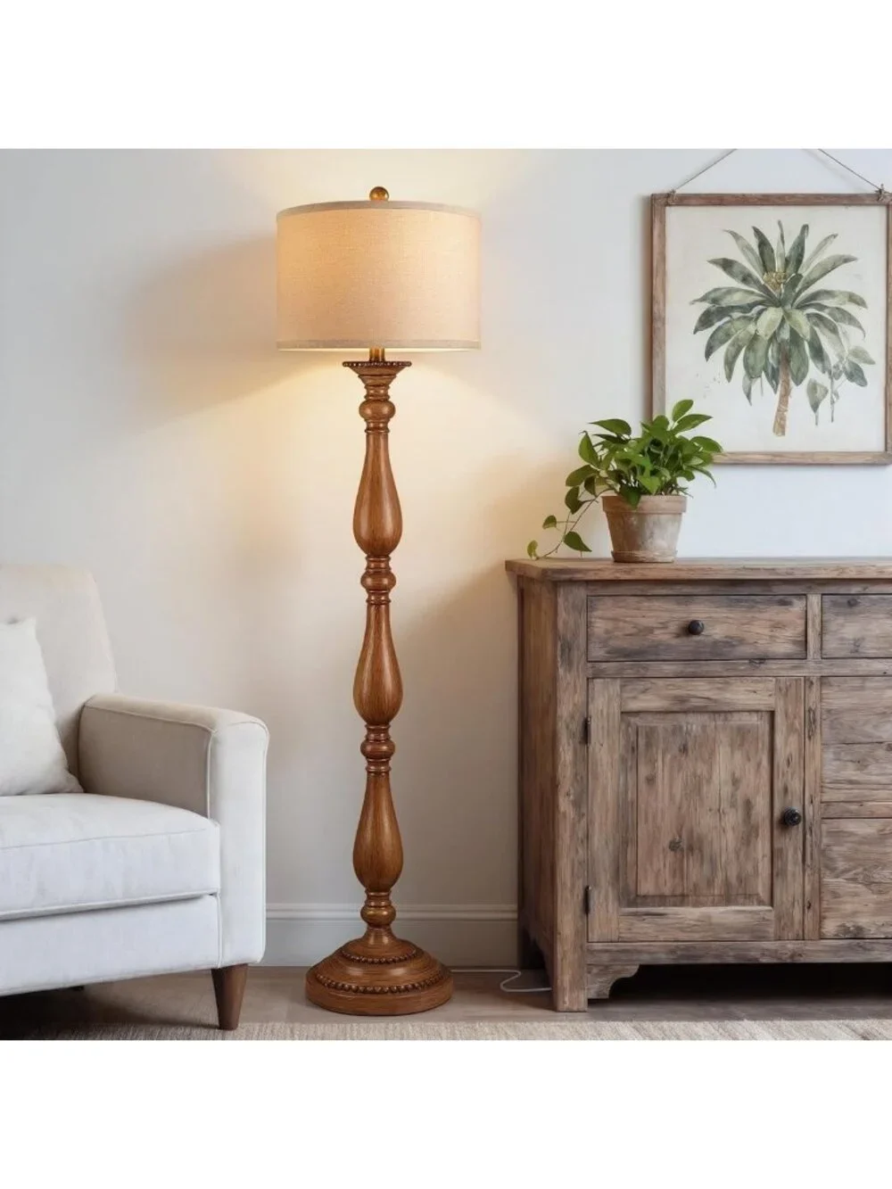 Rustic Vintage Floor Lamp with Linen Shade, Retro Standing Light for Living